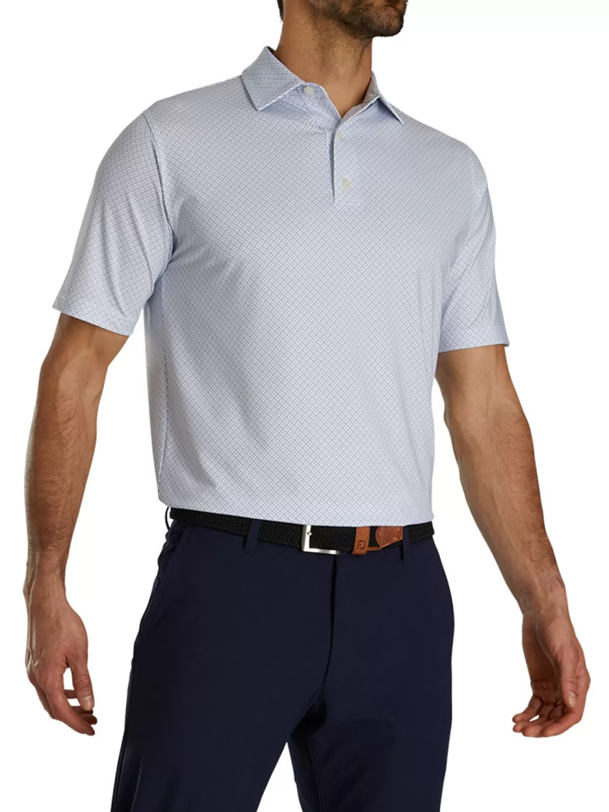 Men FootJoy Shirts< Lisle Geo Print Golf Shirt - White/Light Blue/Navy