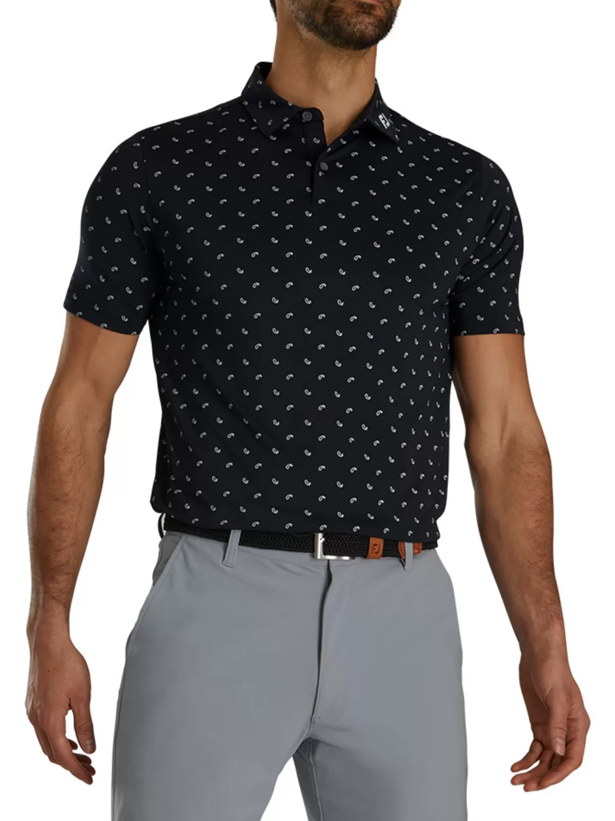 Men FootJoy Shirts< Lisle Paisey Print Golf Shirt (Athletic Fit) - Black/Charcoal