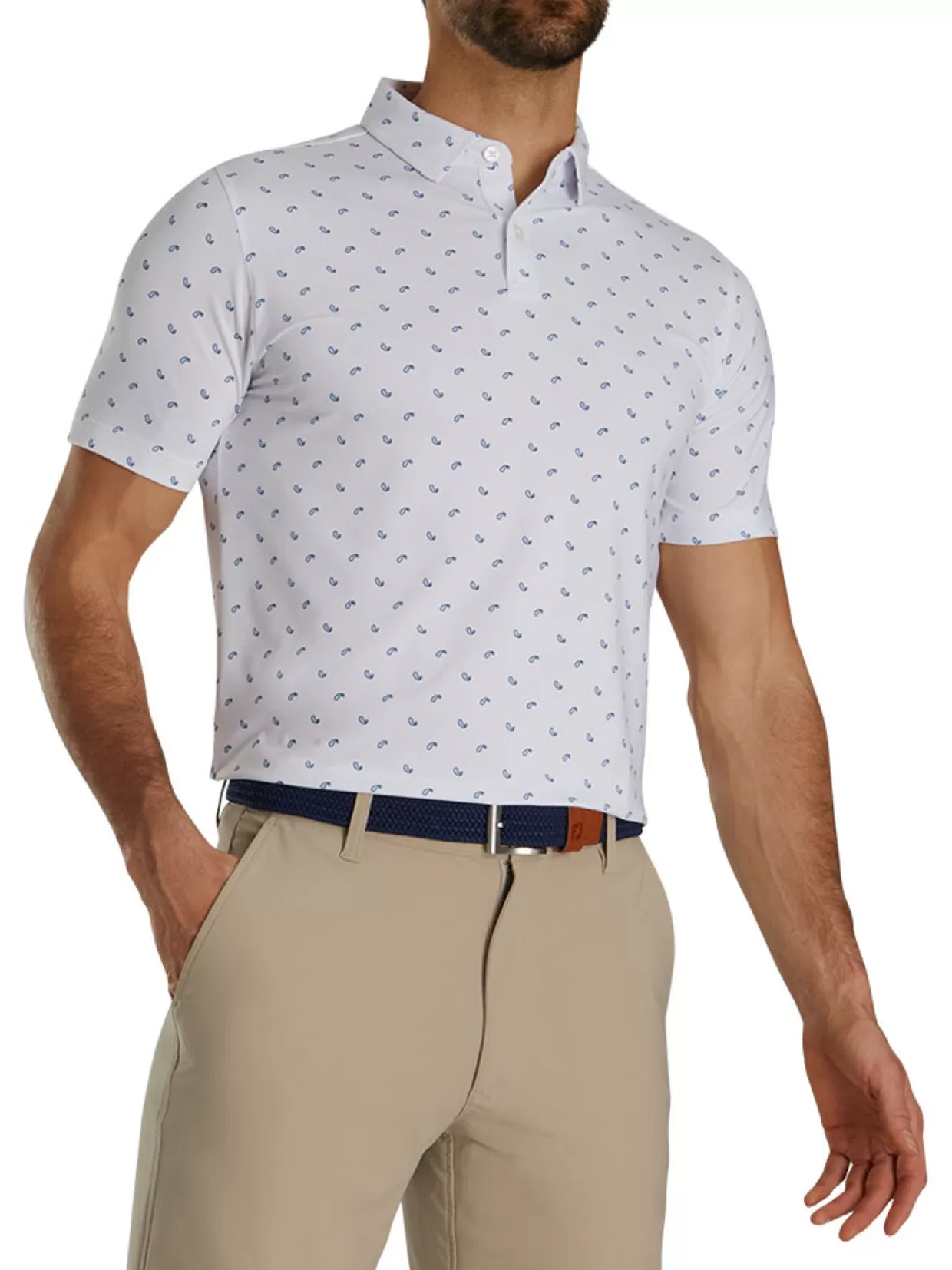 Men FootJoy Shirts< Lisle Paisey Print Golf Shirt (Athletic Fit) - White/Sky