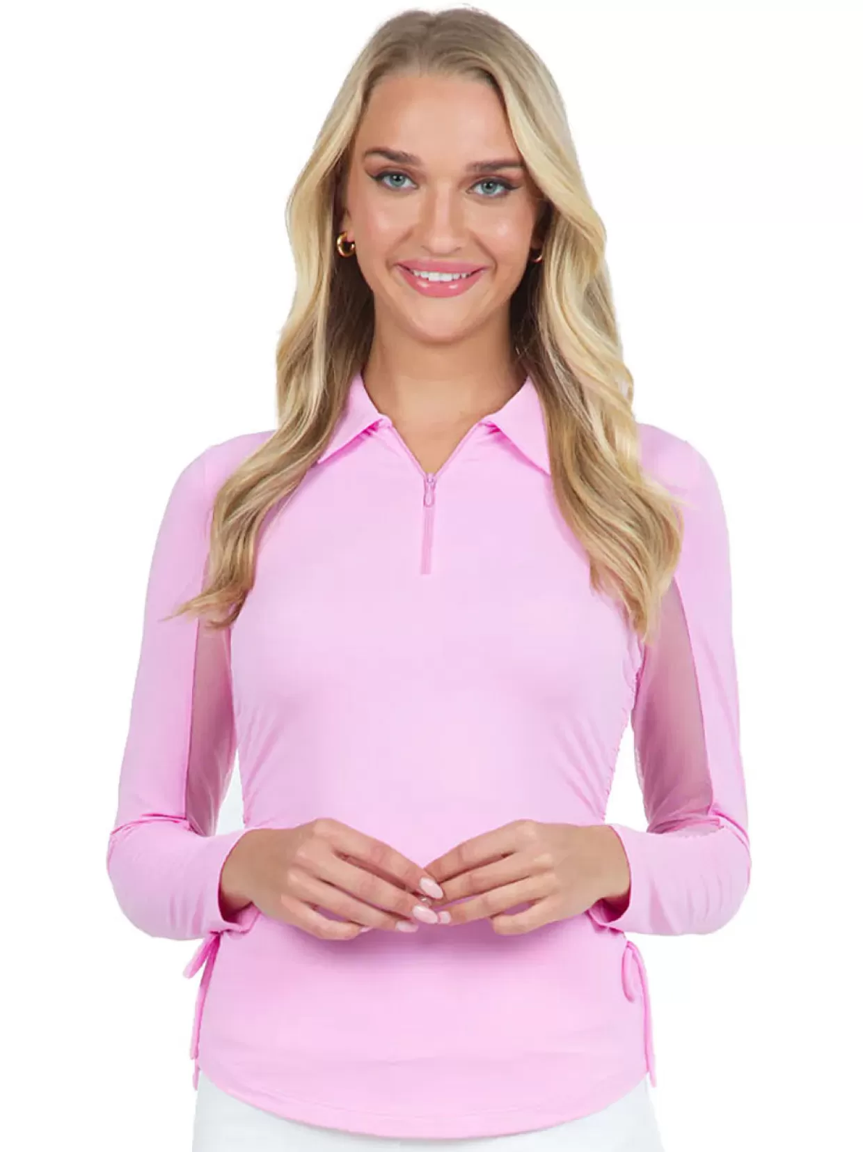 Women IBKUL Shirts< Adjustable Long Sleeve Zip Polo - Candy Pink