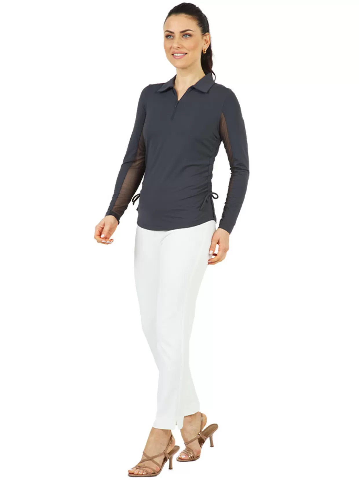 Women IBKUL Shirts< Adjustable Long Sleeve Zip Polo - Charcoal