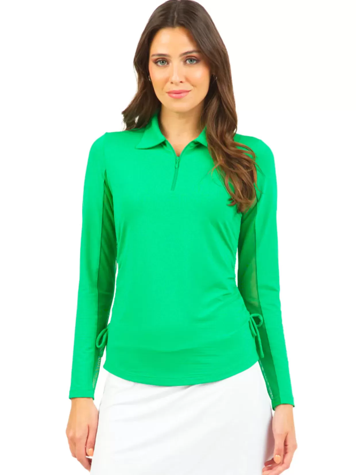 Women IBKUL Shirts< Adjustable Long Sleeve Zip Polo - Green