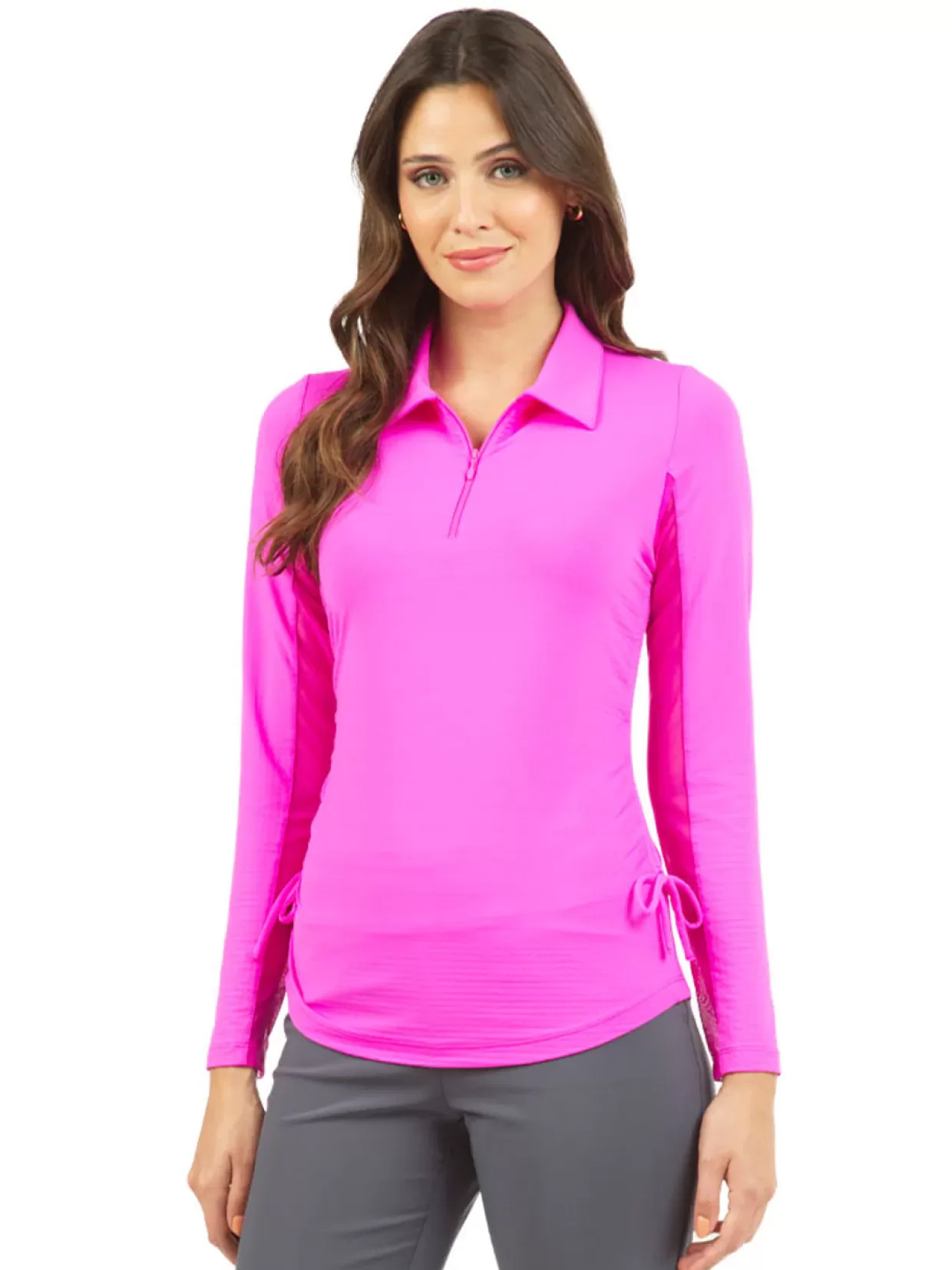 Women IBKUL Shirts< Adjustable Long Sleeve Zip Polo - Hot Pink