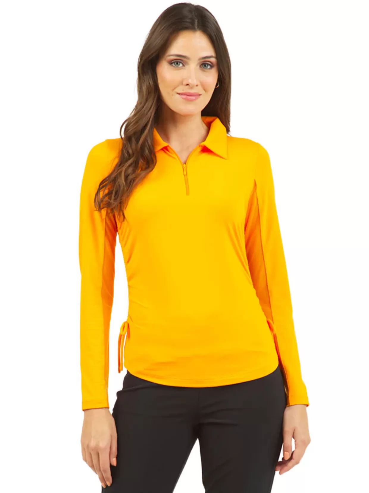 Women IBKUL Shirts< Adjustable Long Sleeve Zip Polo - Orange Peel