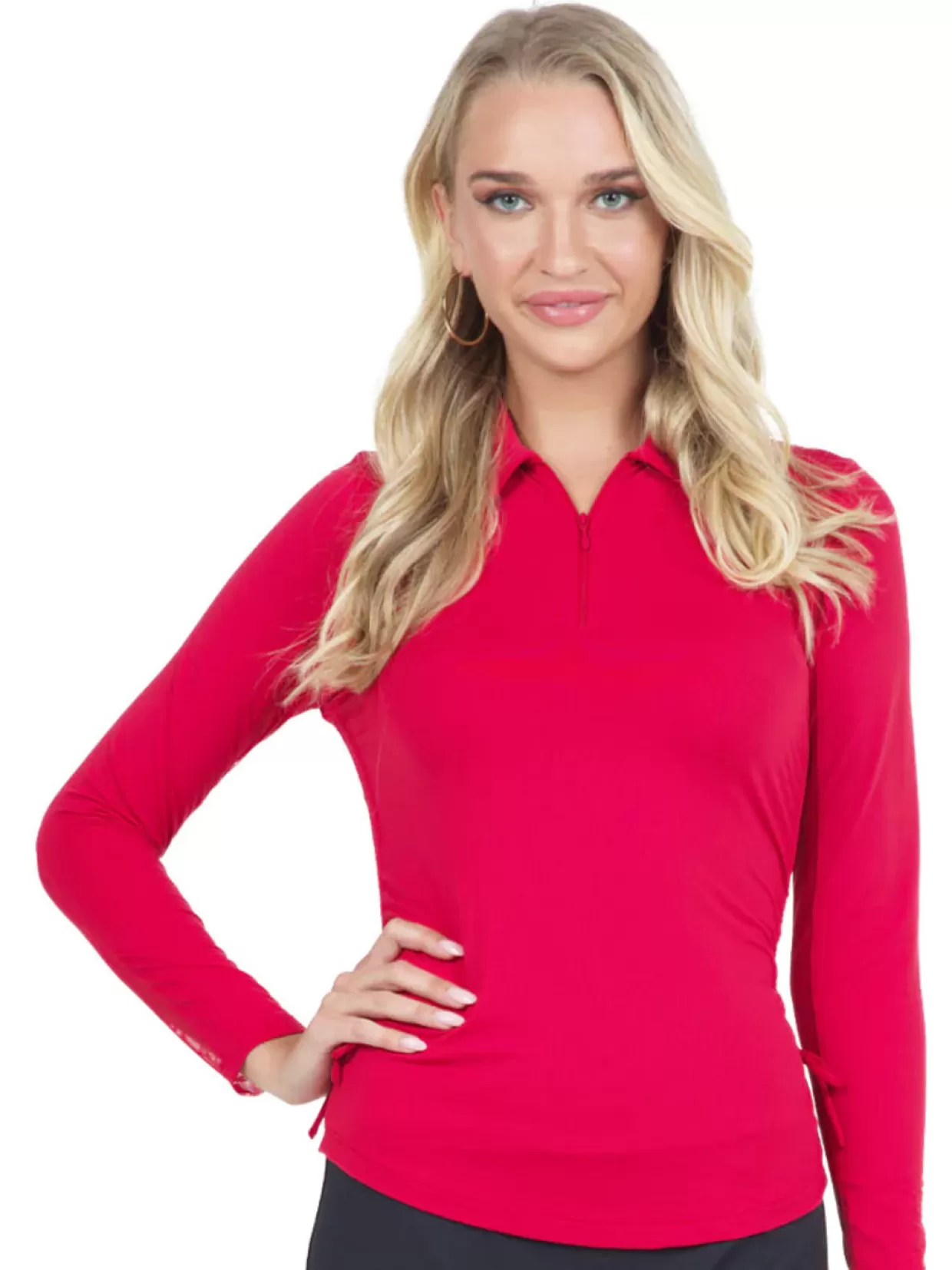 Women IBKUL Shirts< Adjustable Long Sleeve Zip Polo - Red