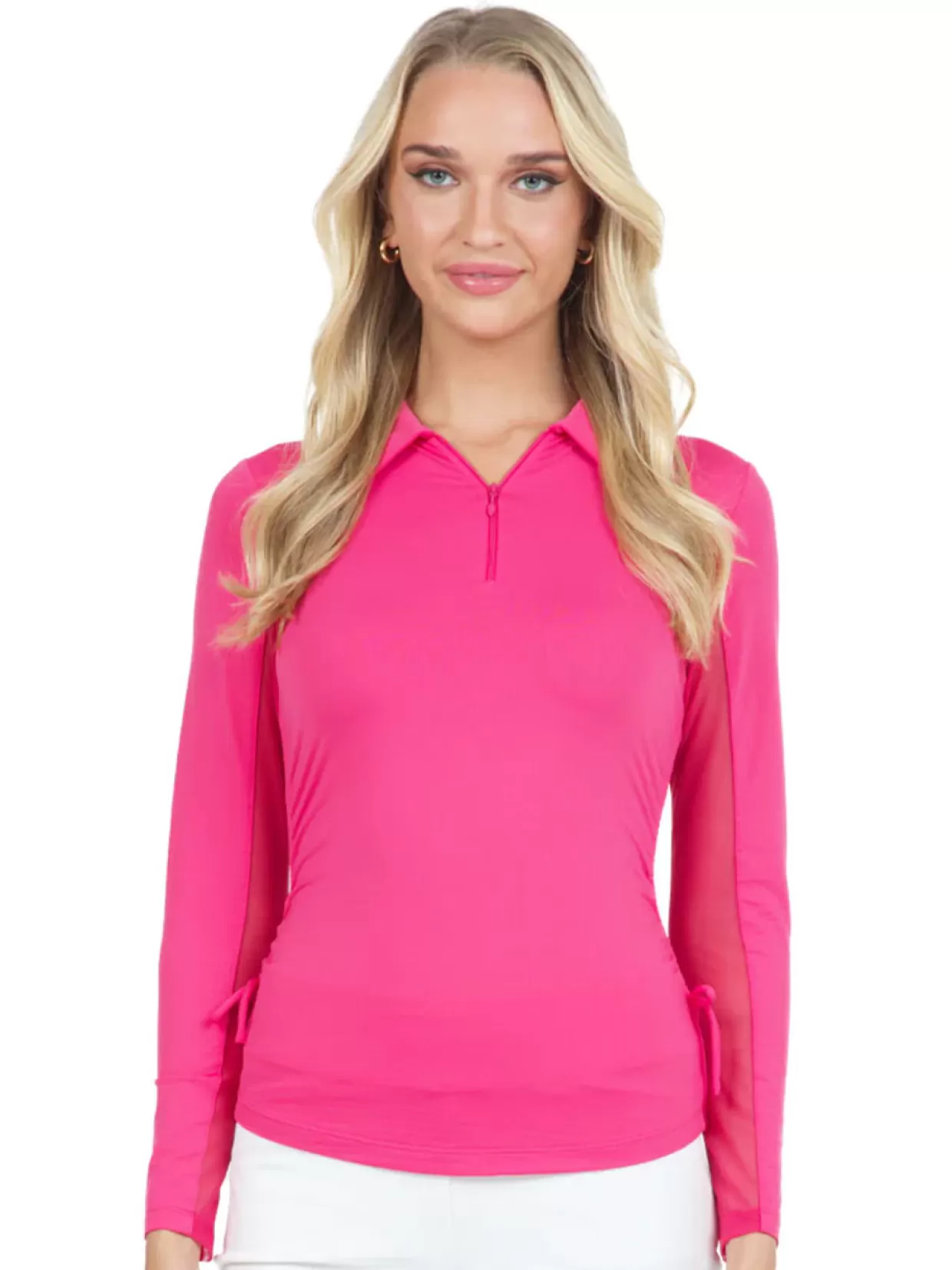 Women IBKUL Shirts< Adjustable Long Sleeve Zip Polo - Watermelon