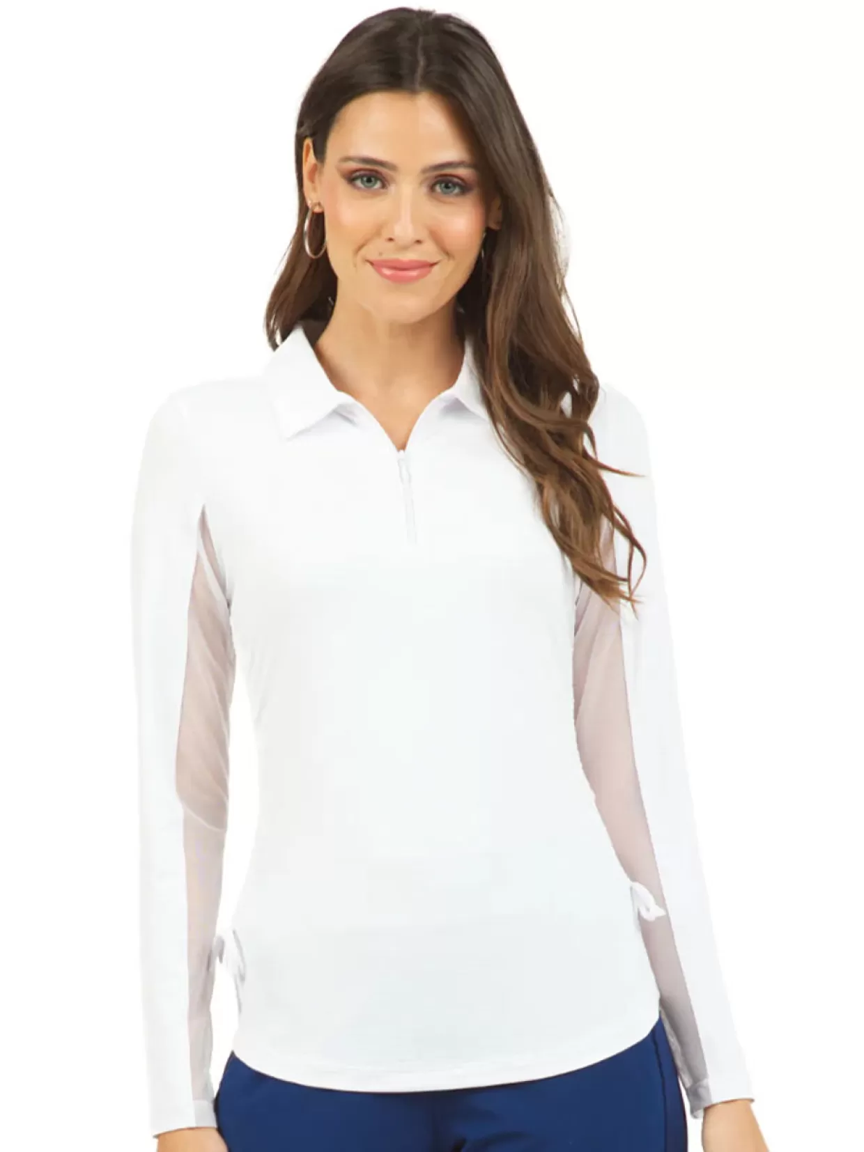 Women IBKUL Shirts< Adjustable Long Sleeve Zip Polo - White