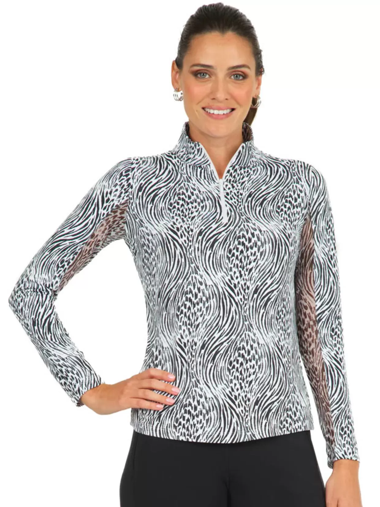 Women IBKUL Shirts< Alena Print Long Sleeve Mock Neck Top - Black/White