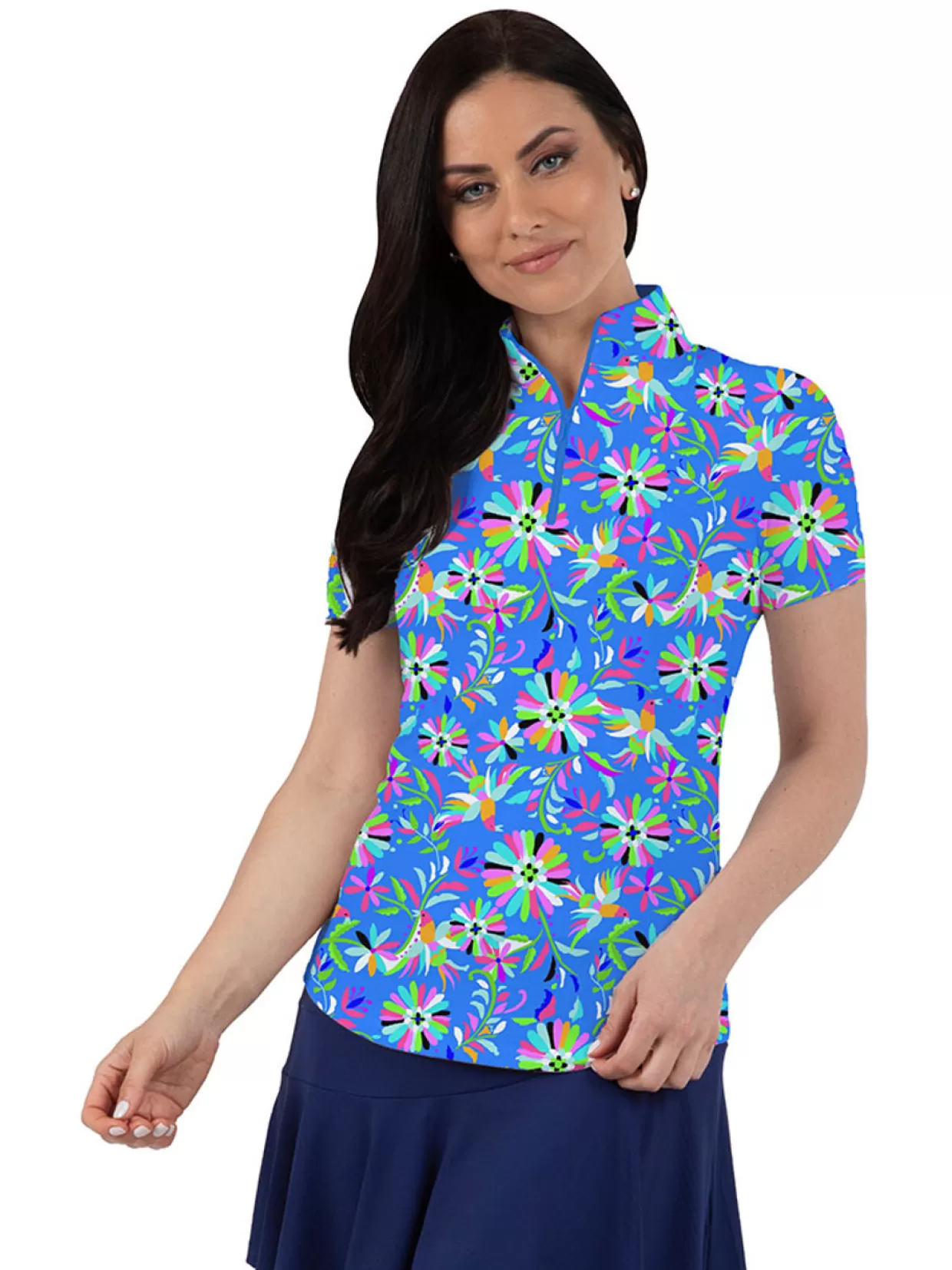 Women IBKUL Shirts< Estela Print Short Sleeve Mock Neck - Blue/Multi