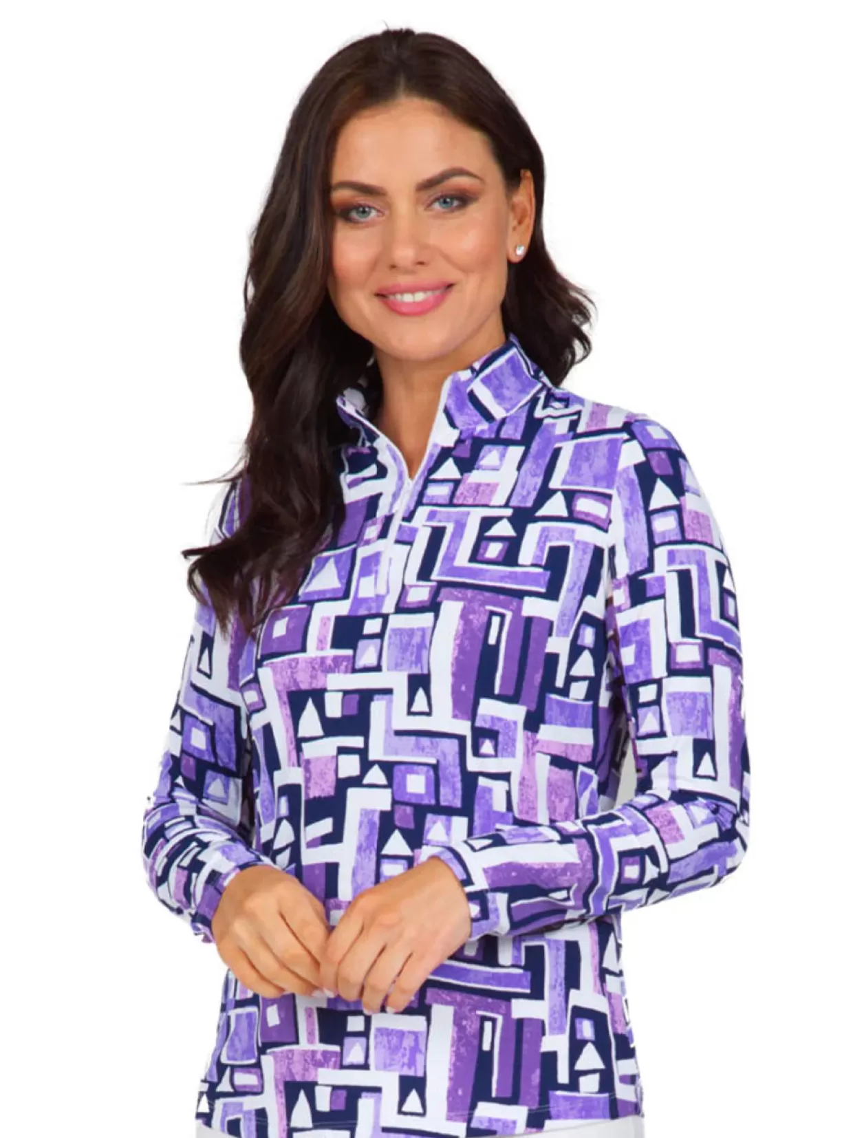 Women IBKUL Shirts< Jennifer Print Long Sleeve Mock Neck Top - Plum/Navy