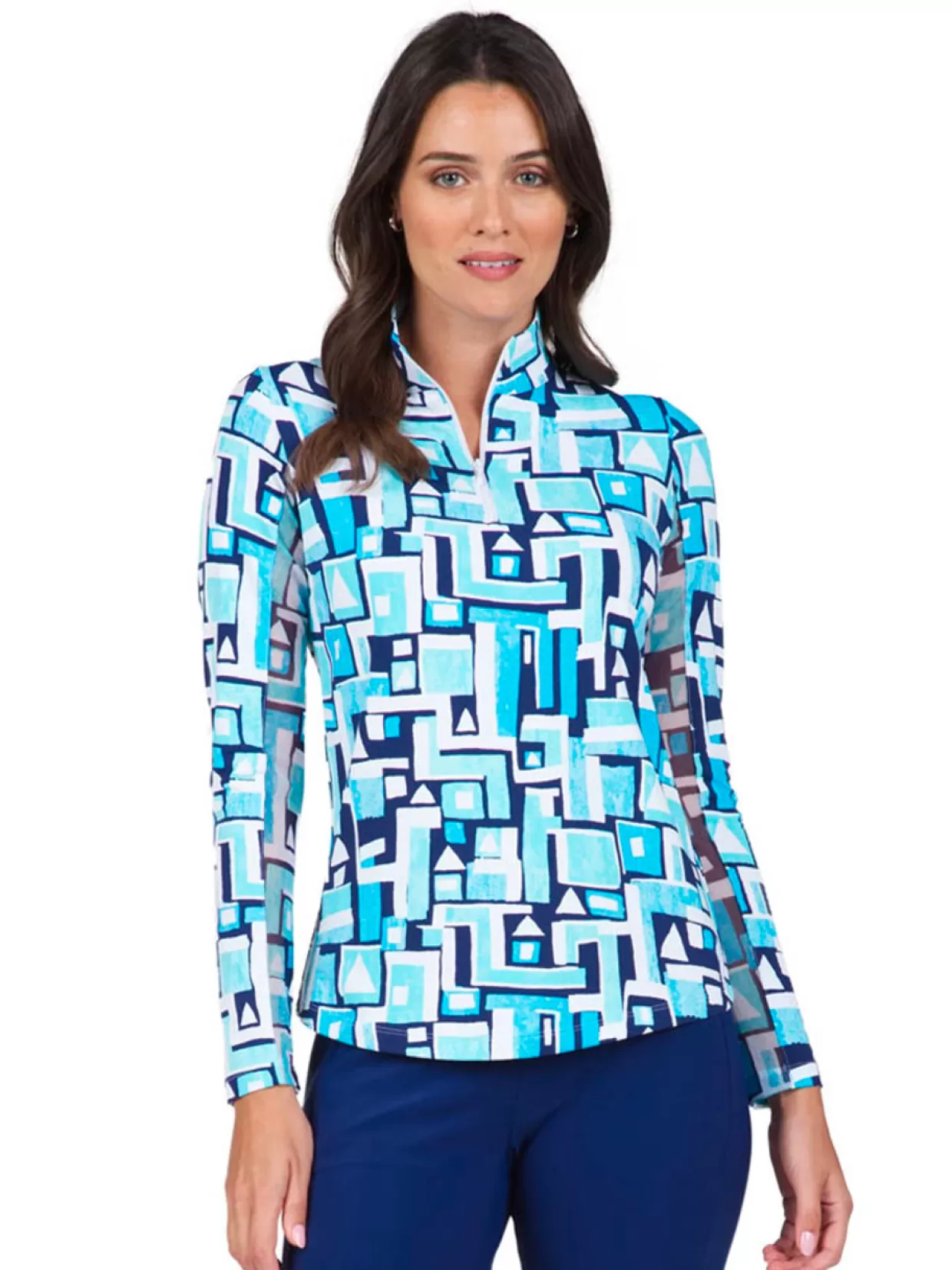 Women IBKUL Shirts< Jennifer Print Long Sleeve Mock Neck Top - Turquoise/Navy