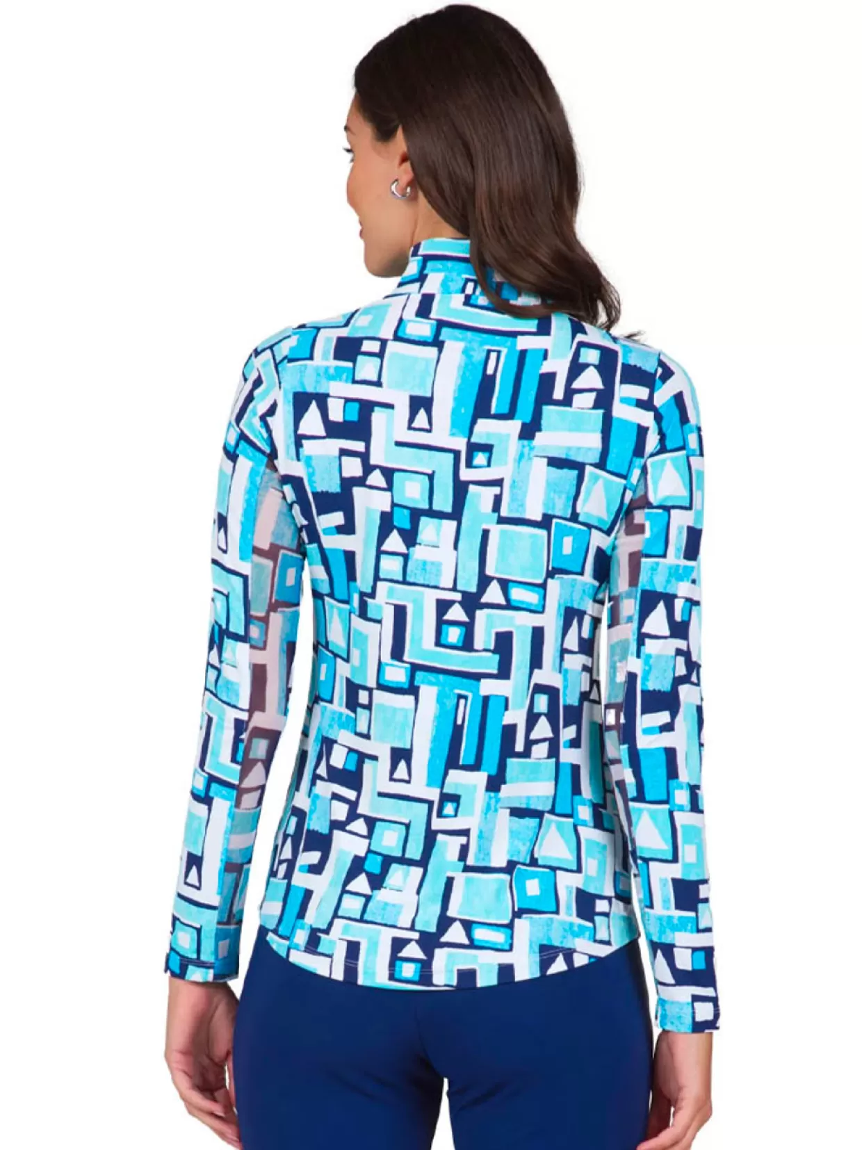 Women IBKUL Shirts< Jennifer Print Long Sleeve Mock Neck Top - Turquoise/Navy