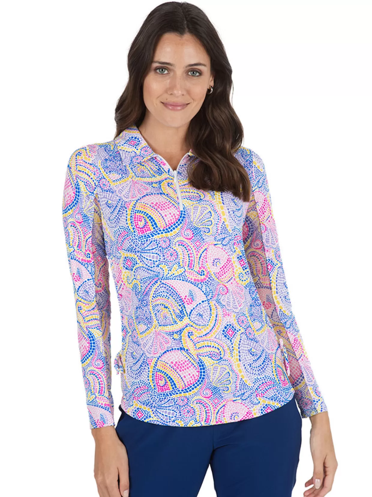 Women IBKUL Shirts< Mariel Print Long Sleeve Mock Neck Top - Blue/Multi