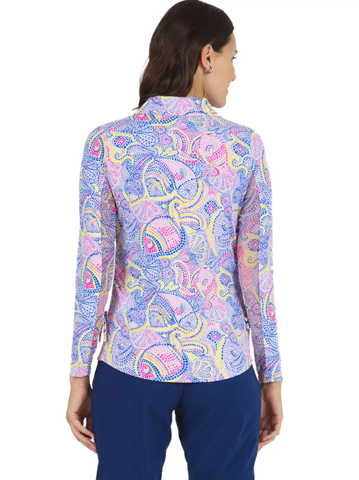 Women IBKUL Shirts< Mariel Print Long Sleeve Mock Neck Top - Blue/Multi