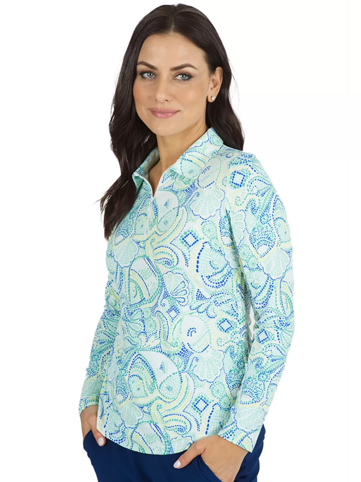 Women IBKUL Shirts< Mariel Print Long Sleeve Mock Neck Top - Turquoise/Multi