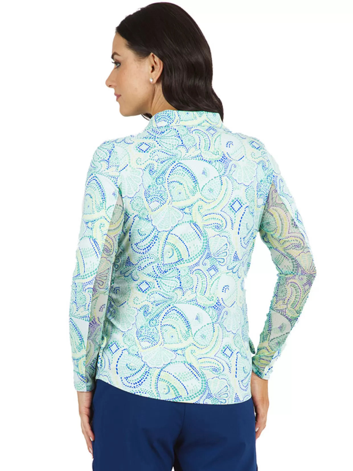 Women IBKUL Shirts< Mariel Print Long Sleeve Mock Neck Top - Turquoise/Multi