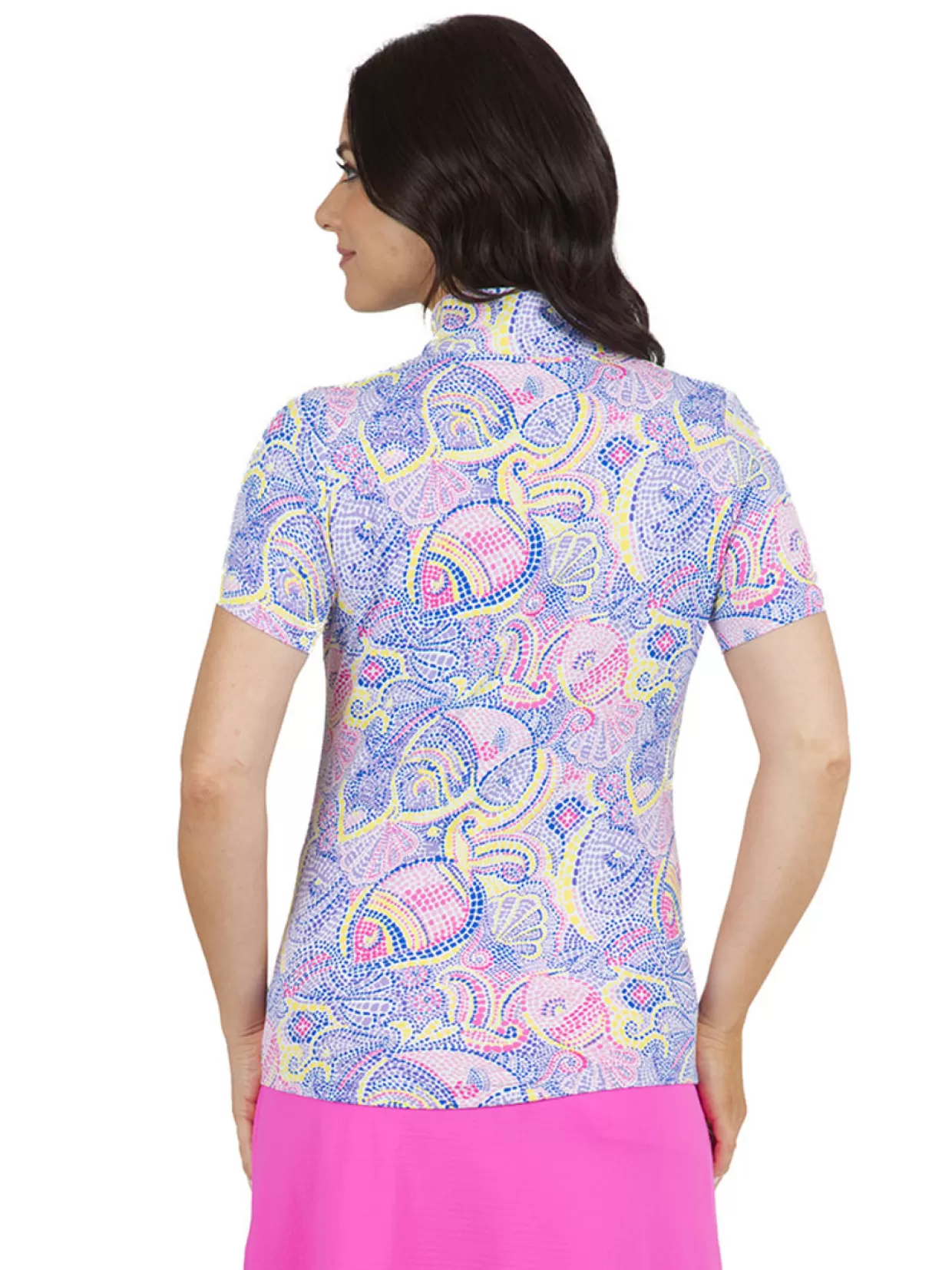 Women IBKUL Shirts< Mariel Print Short Sleeve Mock Neck - Blue/Multi