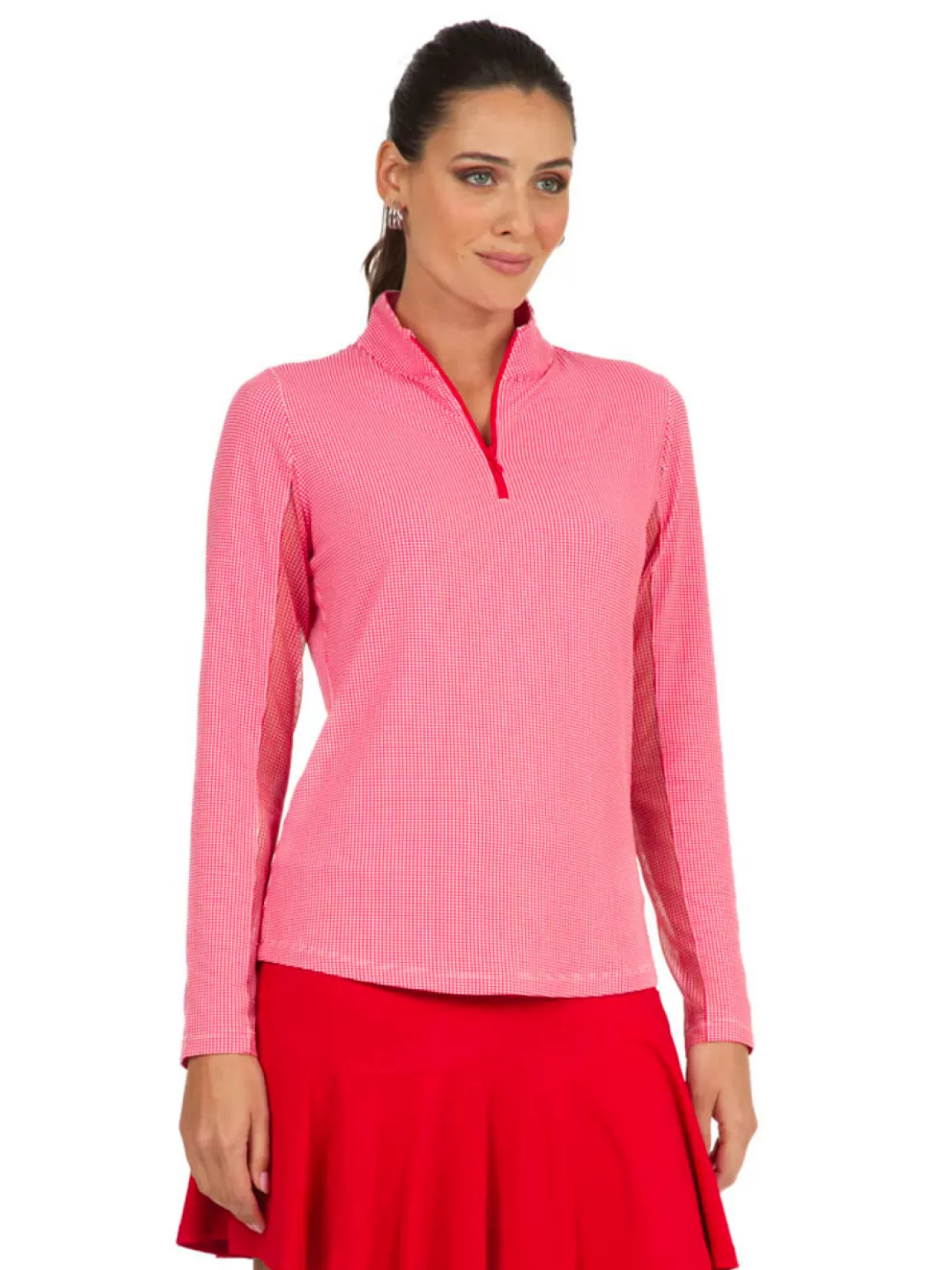 Women IBKUL Shirts< Mini Check Long Sleeve Mock Neck Top - Red/White