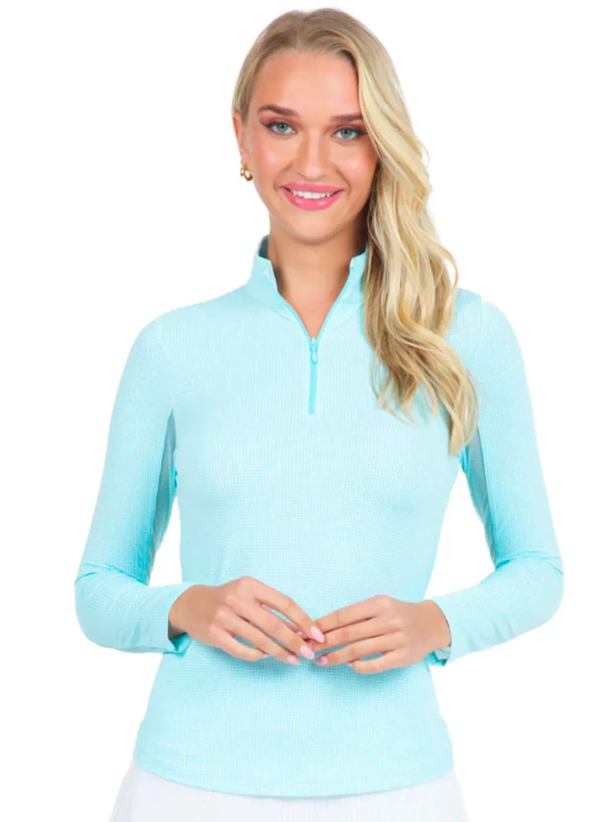 Women IBKUL Shirts< Mini Check Long Sleeve Mock Neck Top - Seafoam/White